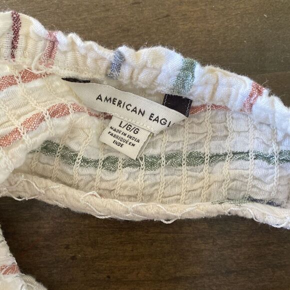 American Eagle Women's Ivory Smocked One Shoulder Striped Tank Large Festival - Picture 5 of 5
